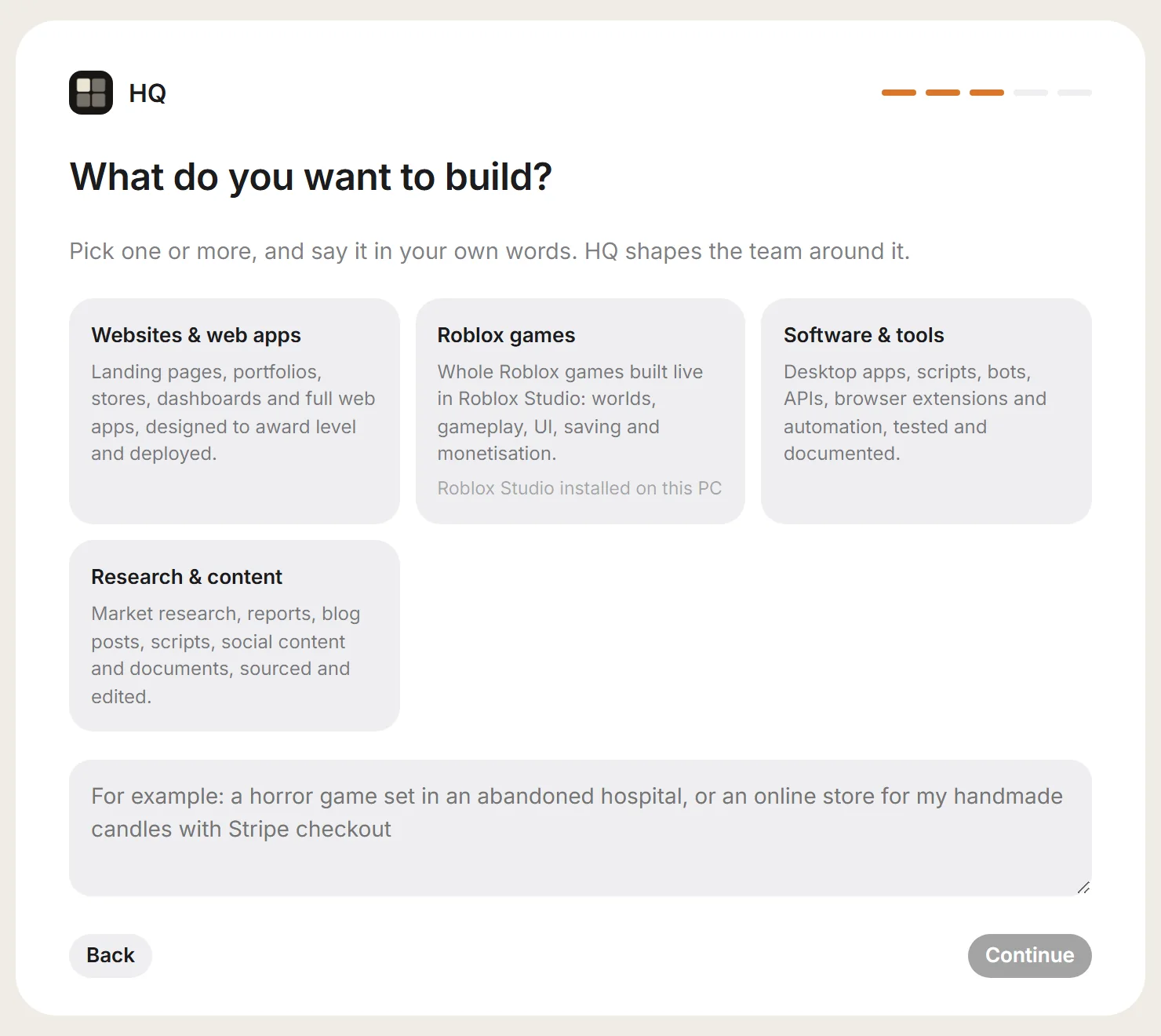 HQ onboarding: what do you want to build, with Websites, Roblox games, Software and Research templates