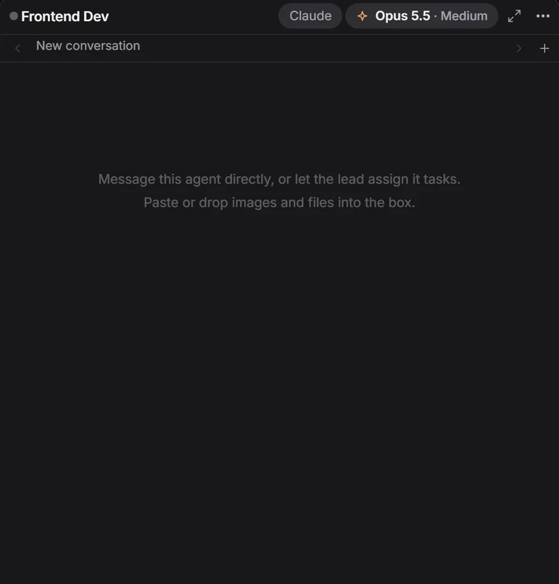Frontend Dev's own pane in HQ: Claude account, Opus 5.5 at medium effort, waiting for its first task