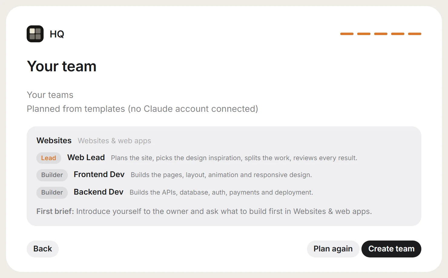 HQ's team step: a Web Lead and two builders planned from the Websites template