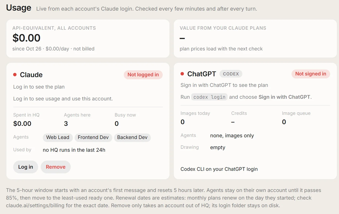 HQ's Usage tab with Claude and ChatGPT account cards